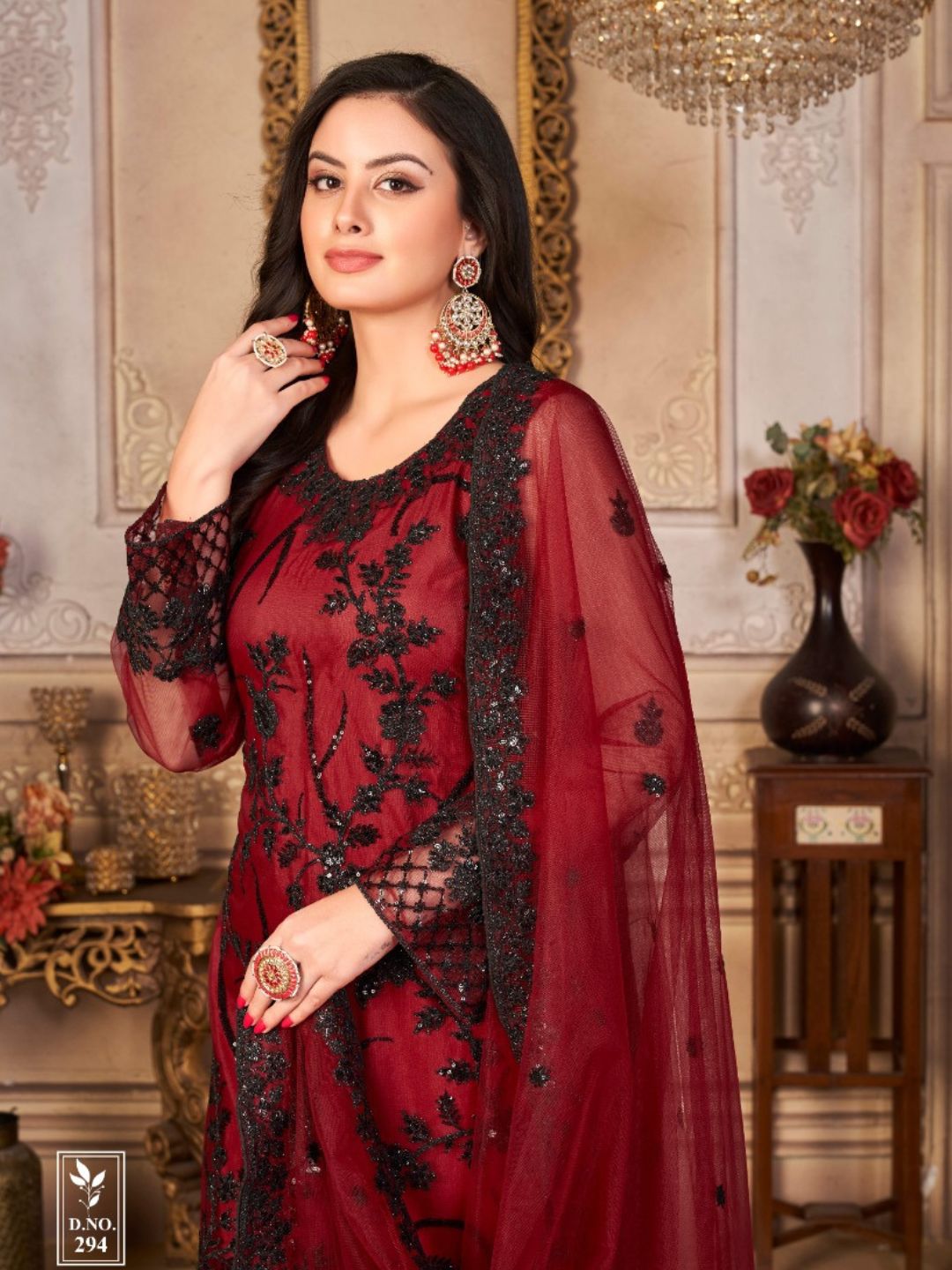 Thread Net Reception Salwar Kameez in Red