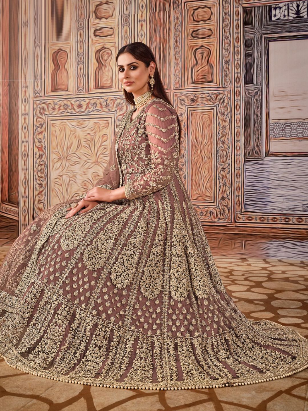 Embroidered Net Bollywood Floor Length Salwar Kameez in Beige