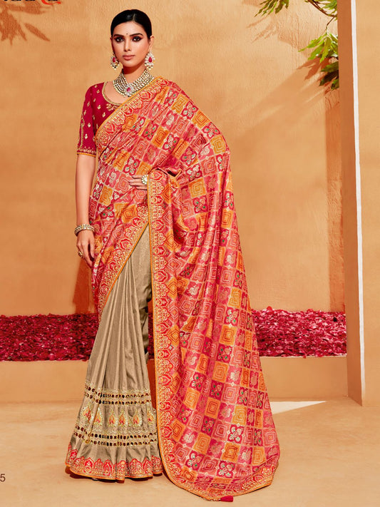 Embroidered Silk Designer Traditional Saree In Pink and Brown