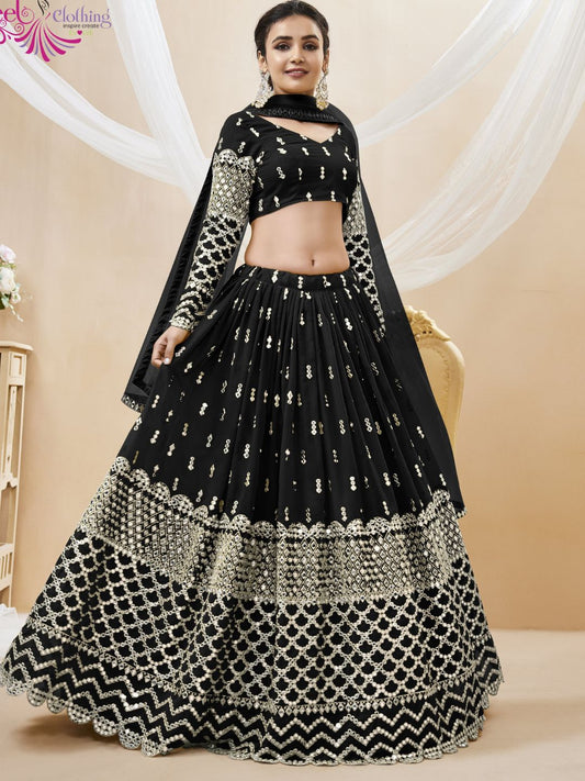 Embroidered Georgette Lehenga in Black