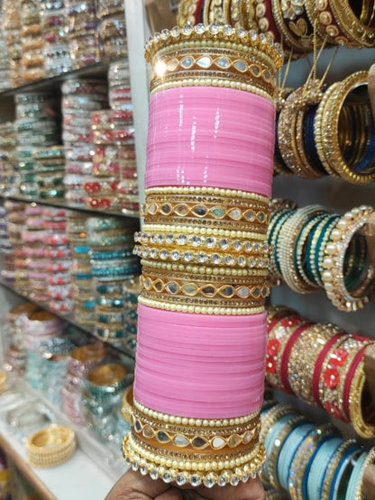 Pink AD Stone-Studded Punjabi Chura Bridal Wedding Bangle Set-30919