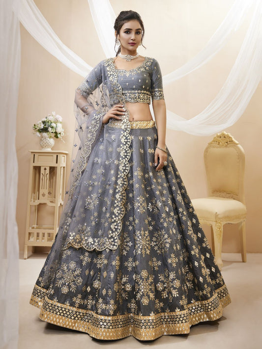 Georgette Bollywood Lehenga in Grey with Sequins Zari Embroidery Work