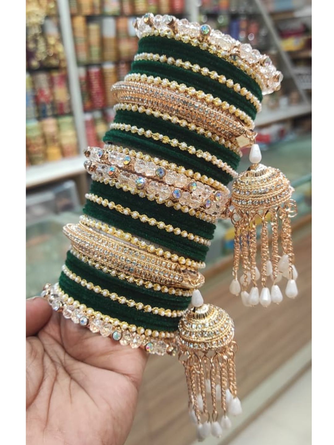 Green Gold Plated Chura Chuda Bangle Set-30921