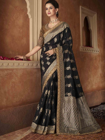 Embroidered Pure Dola Traditional Saree In Black