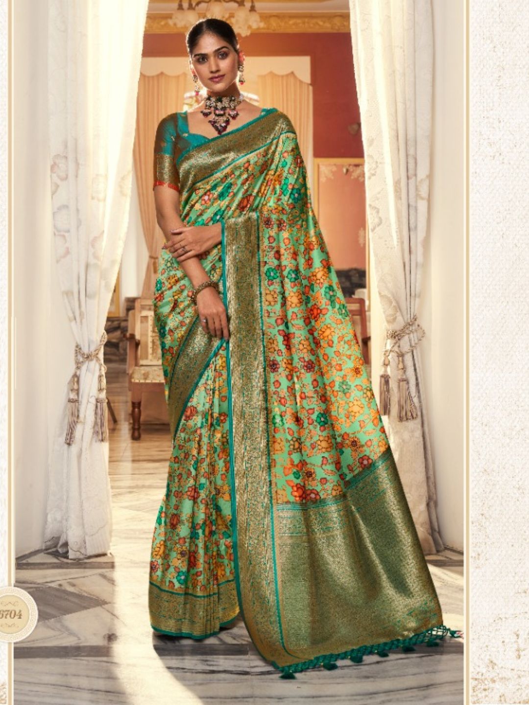 Digital Print Satin Silk Fastive Saree In Light Green