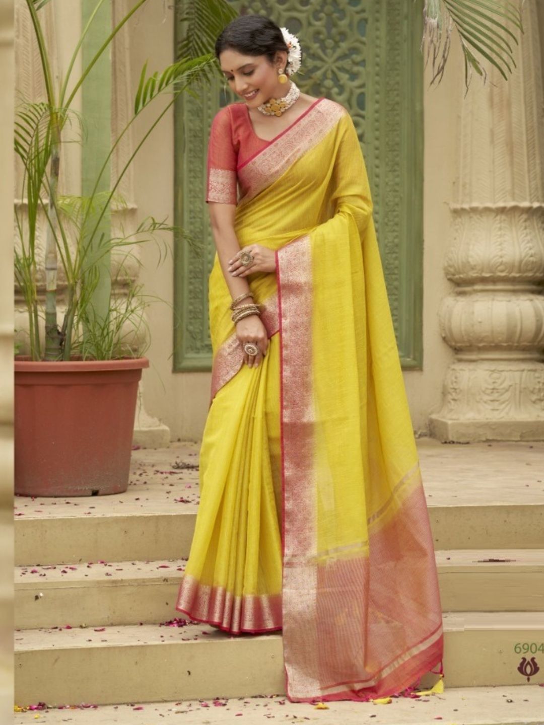 Weaving Tusser Silk Fastive Saree In Yellow