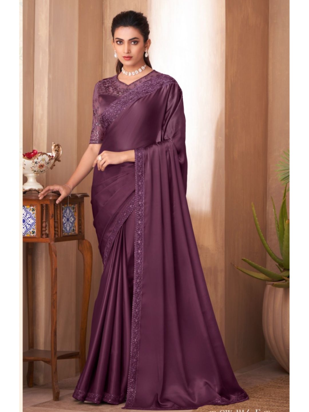 Embroidered Silk Fastive Saree In Purple