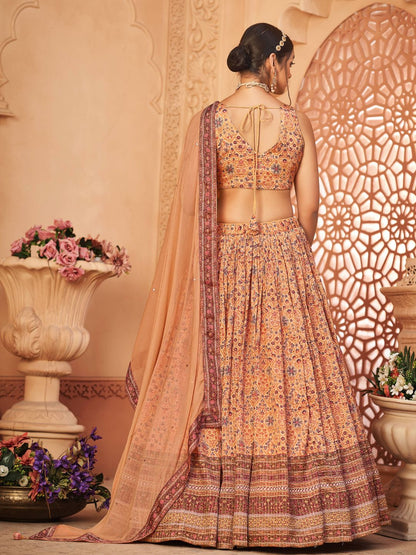 Digital Printed Chinnon Lehenga in Beige and Brown