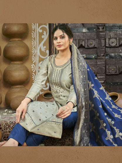 Embroidered Banarasi Silk Bollywood Salwar Kameez in Gray