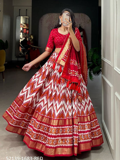 Foil Printed tussar Silk with Bandhani Dupatta Lehenga Choli In Red color -82068