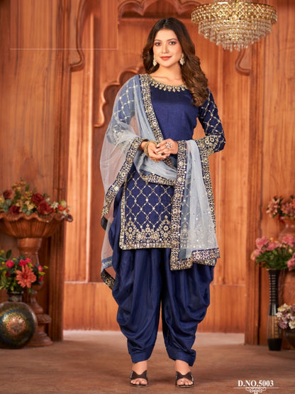 Mirror Art Silk Patiala Salwar Suit in Blue