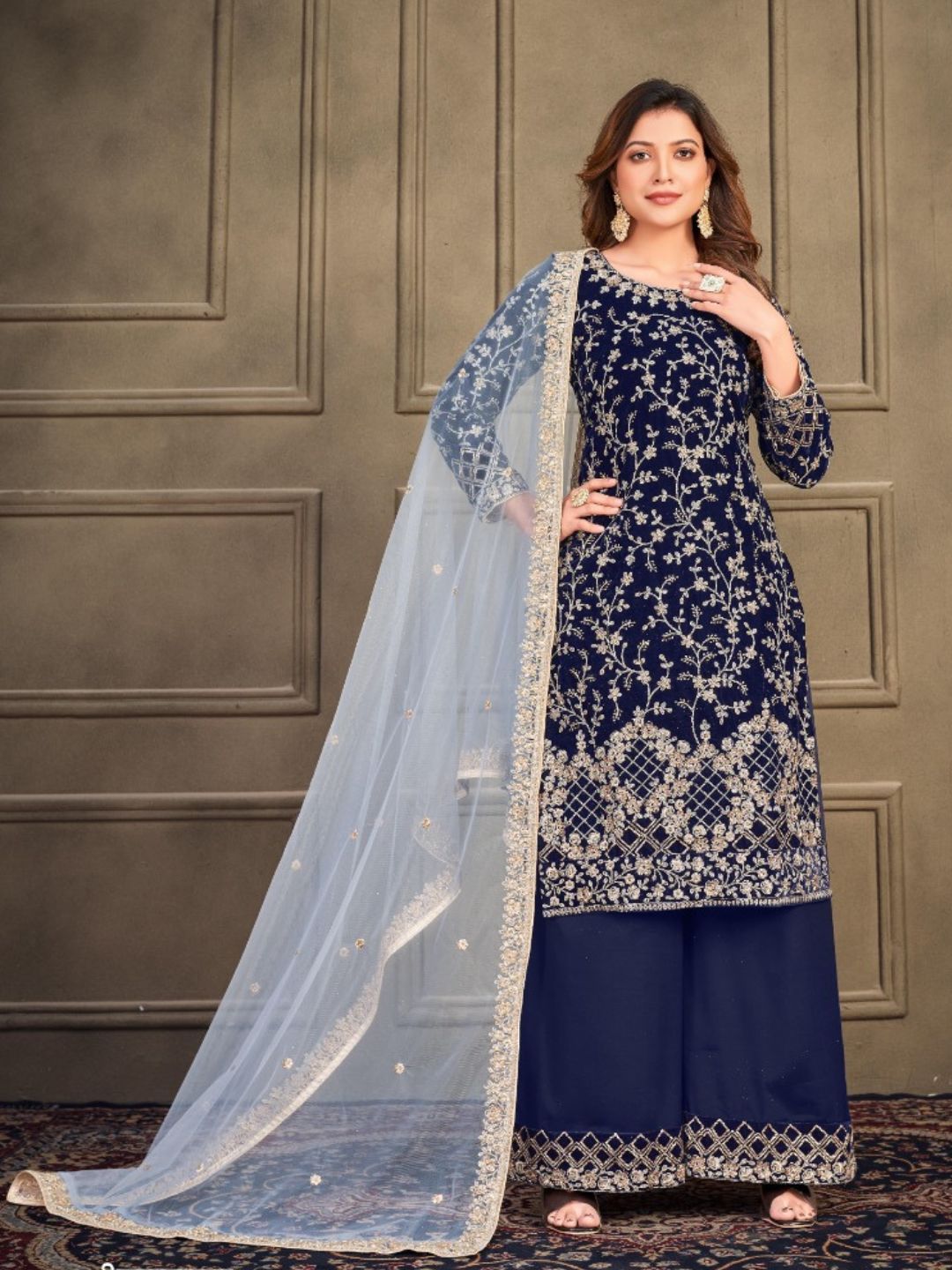 Embroidered Velvet Pakistani Suit in Blue