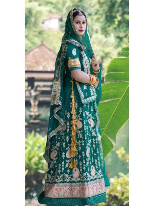 Jari with full kundan Half Pure Traditional Stitched Rajputi Poshak In&nbsp;Green