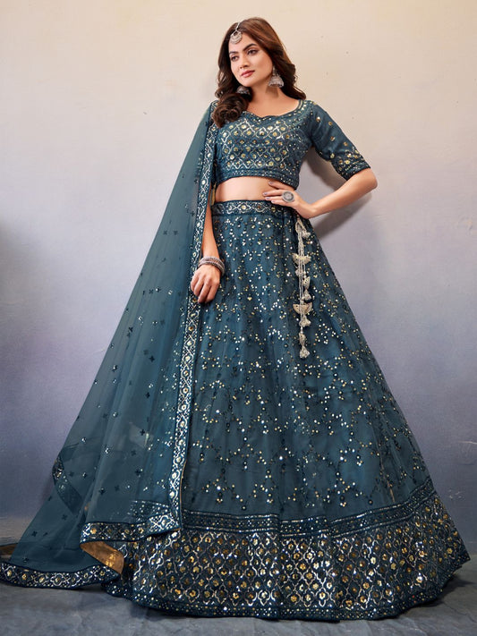 Sequance Net Bridal Lehenga in Blue