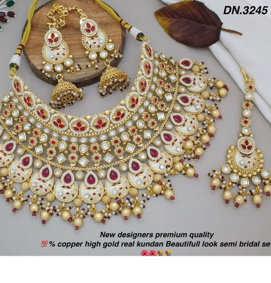 High Quality Kundan Pearl Studded Bridal Necklace Set-301086