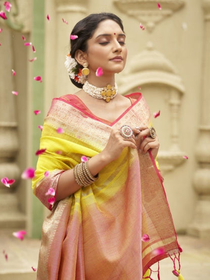 Weaving Tusser Silk Fastive Saree In Yellow