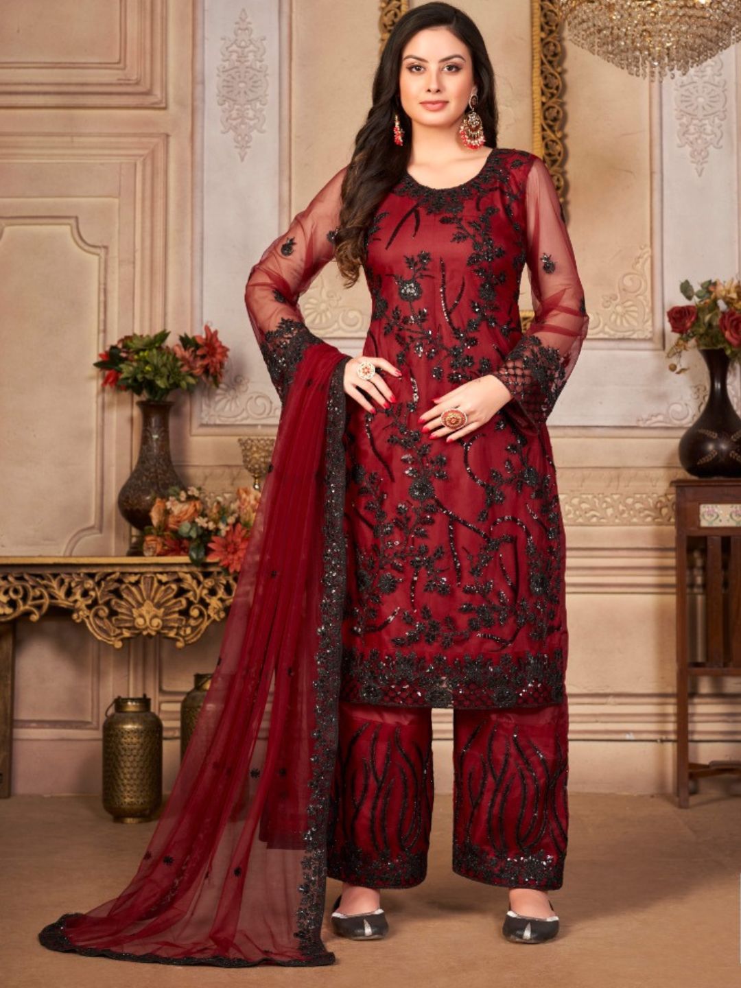 Thread Net Reception Salwar Kameez in Red