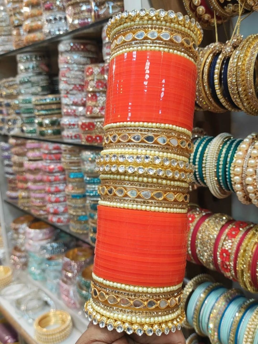 Orange AD Stone-Studded Punjabi Chura Bridal Wedding Bangle Set-30915