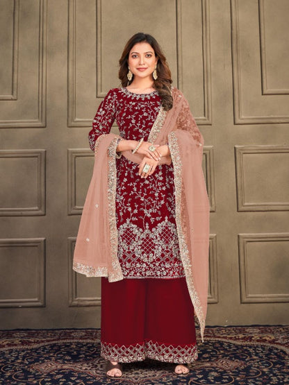 Embroidered Velvet Pakistani Suit in Maroon