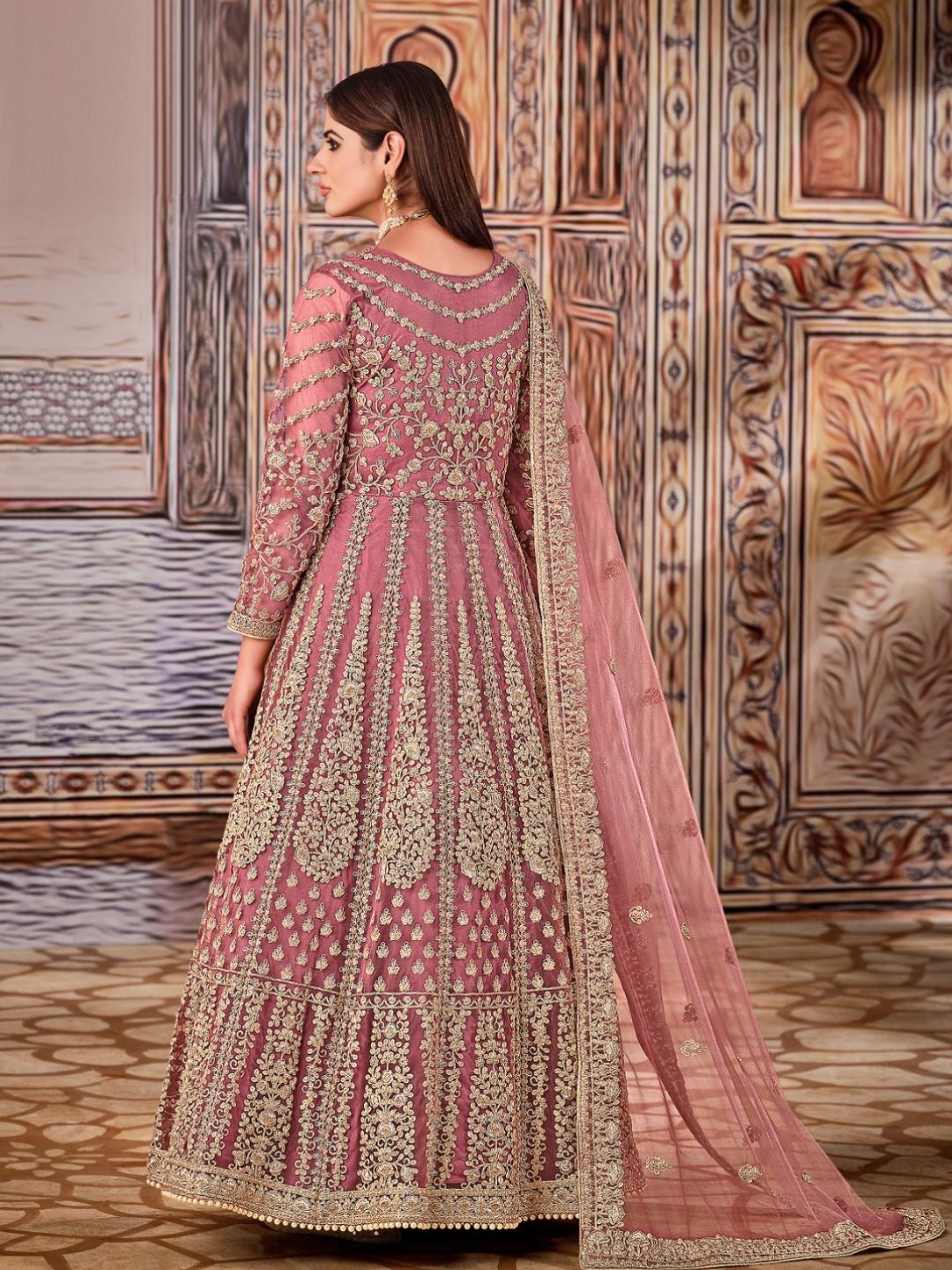 Embroidered Net Bollywood Floor Length Salwar Kameez in Pink