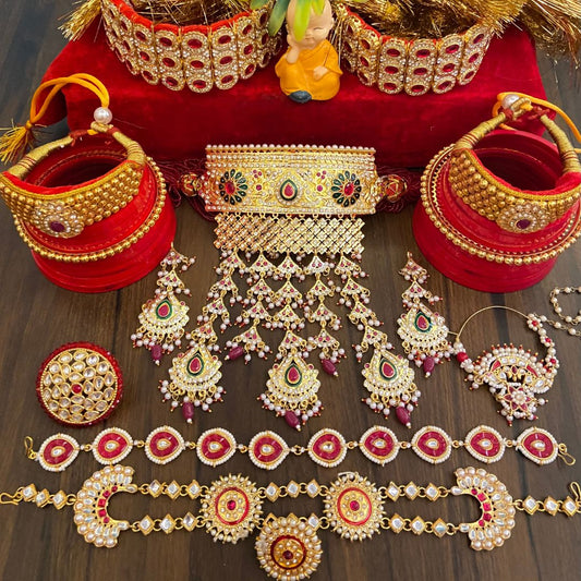 Gold Rajwadi Rajputi Combo Jewellery Set-30950