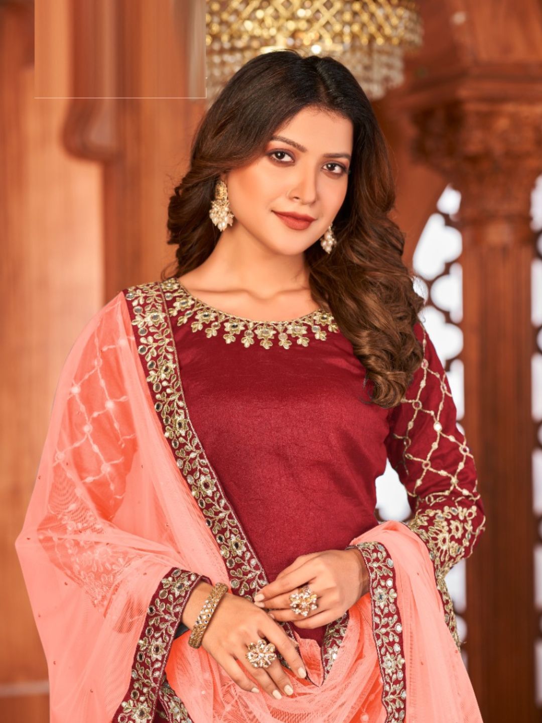 Mirror Art Silk Patiala Salwar Suit in Maroon