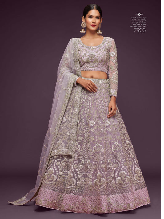 Net Wedding Lehenga in Purple with Zari work