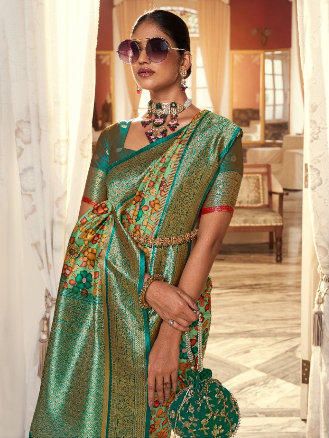 Digital Print Satin Silk Fastive Saree In Light Green