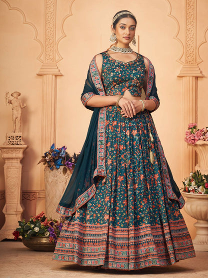 Digital Printed Chinnon Lehenga in Navy Blue