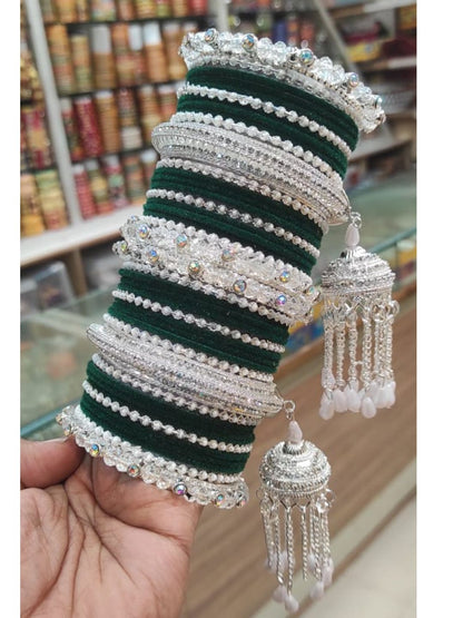 Green Silver Plated Chura Chuda Bangle Set-30930