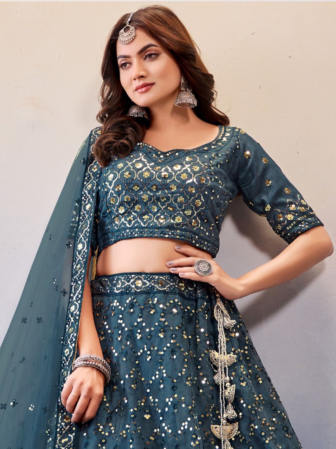 Sequance Net Bridal Lehenga in Blue