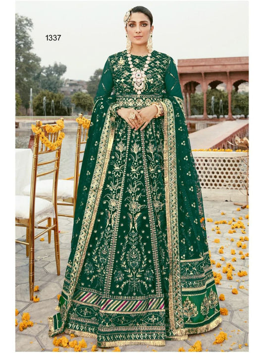 Embroidered Net Mehendi Sangeet Suits in Green