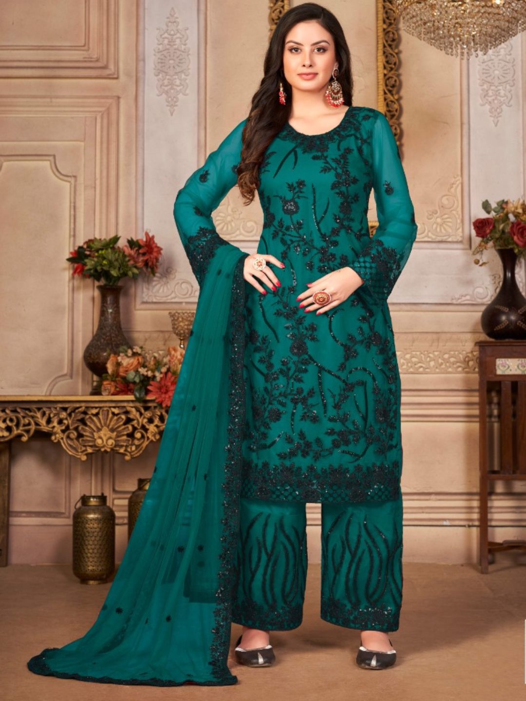 Thread Net Reception Salwar Kameez in Green