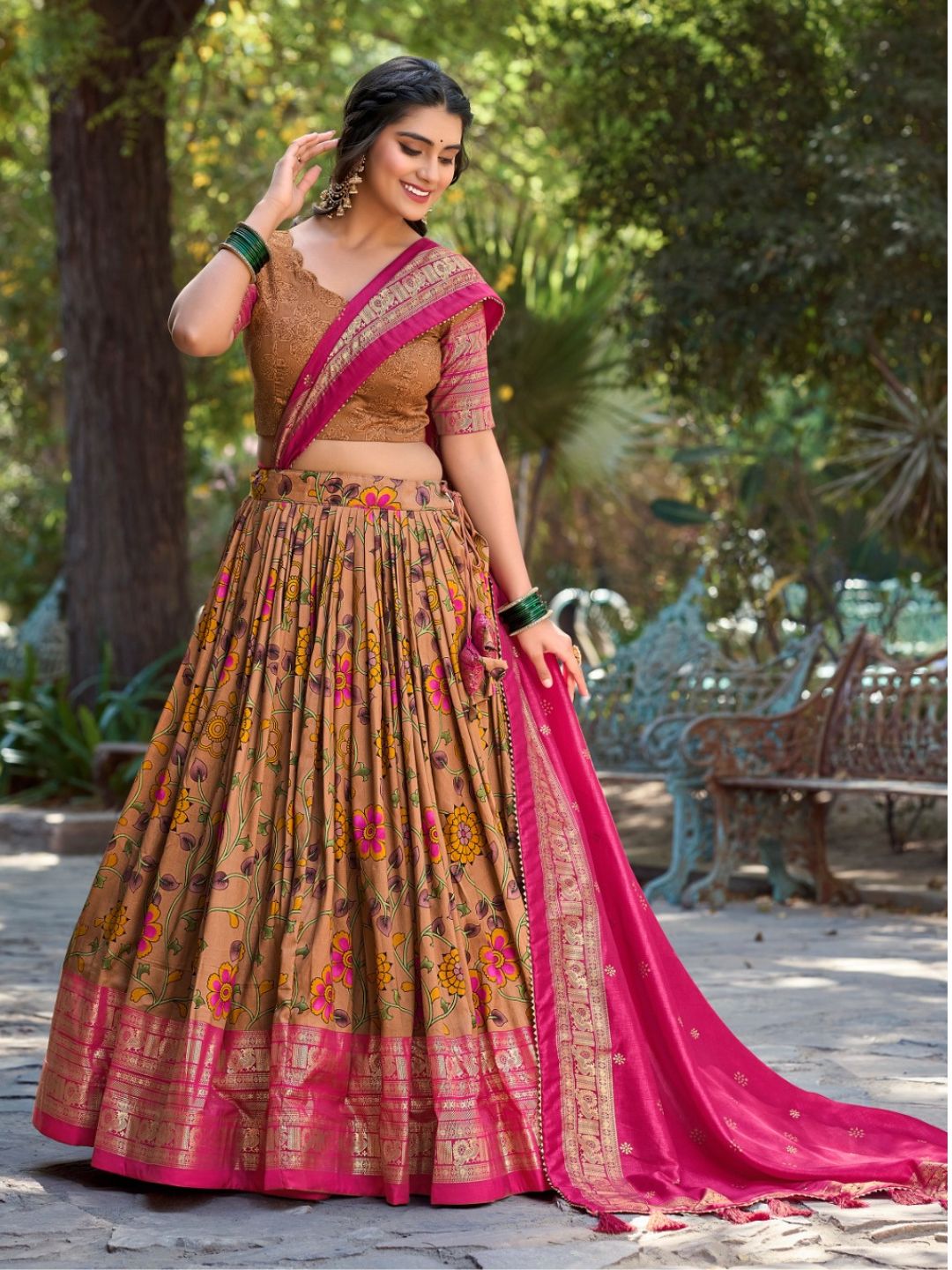 Kalamkari Tussar Silk Printed design Festive Lehenga In Pink color -82064