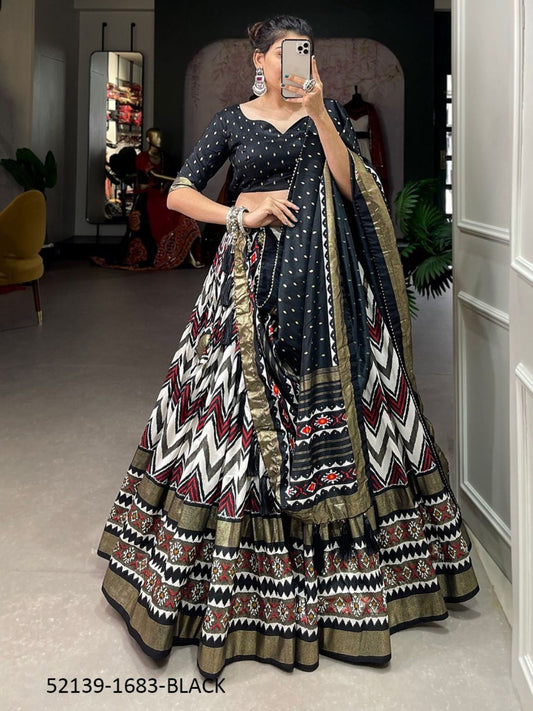 Foil Printed tussar Silk with Bandhani Dupatta Lehenga Choli In Black color -82065