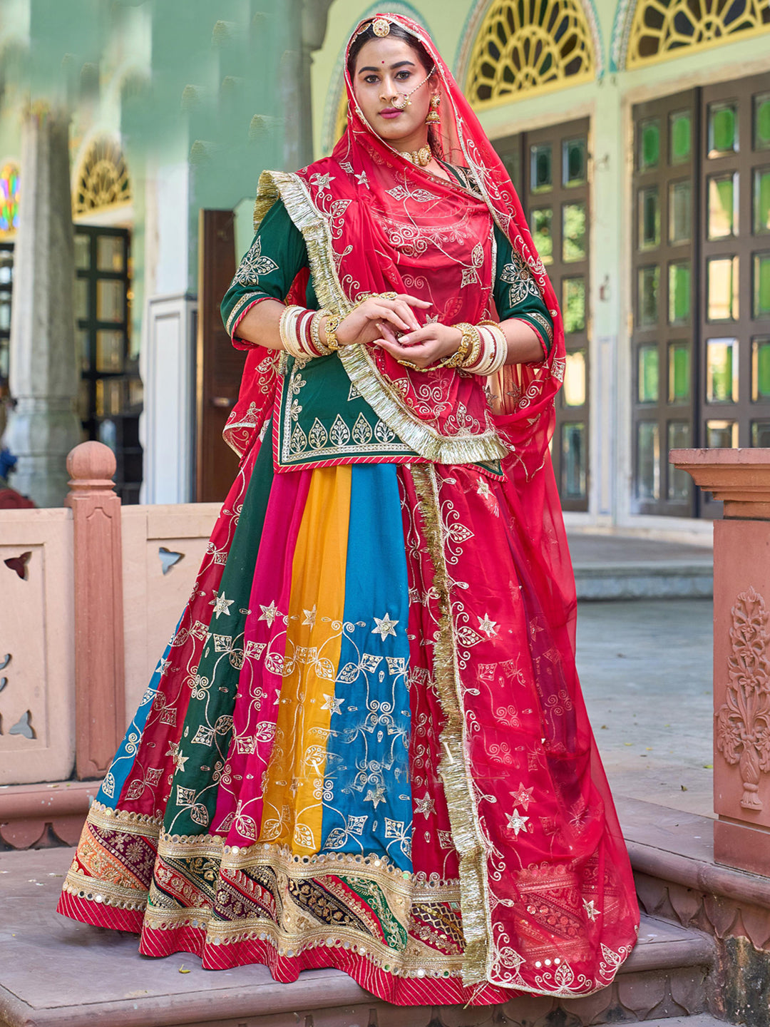 20 Multicolor Kali full Gher Georgette Wedding Sangeet Premium quality Designer Rajputi Poshak-60972