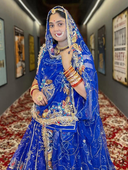 Royal Pure 7 Miter full Gher Wedding Sangeet Premium quality Rajputi Poshak in Blue color-81631