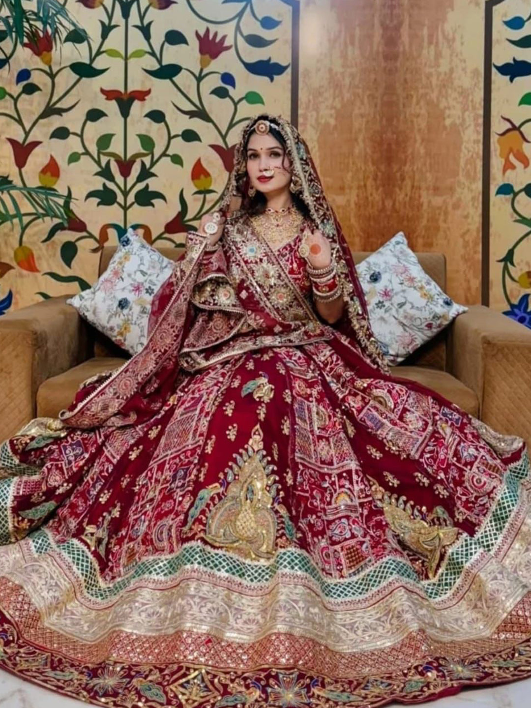 Georgette 7 Miter full Gher Premium quality Bridal Rajputi Poshak In Maroon color-91433