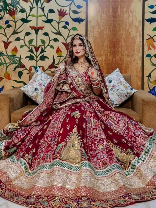 Georgette 7 Miter full Gher Premium quality Bridal Rajputi Poshak In Maroon color-91433