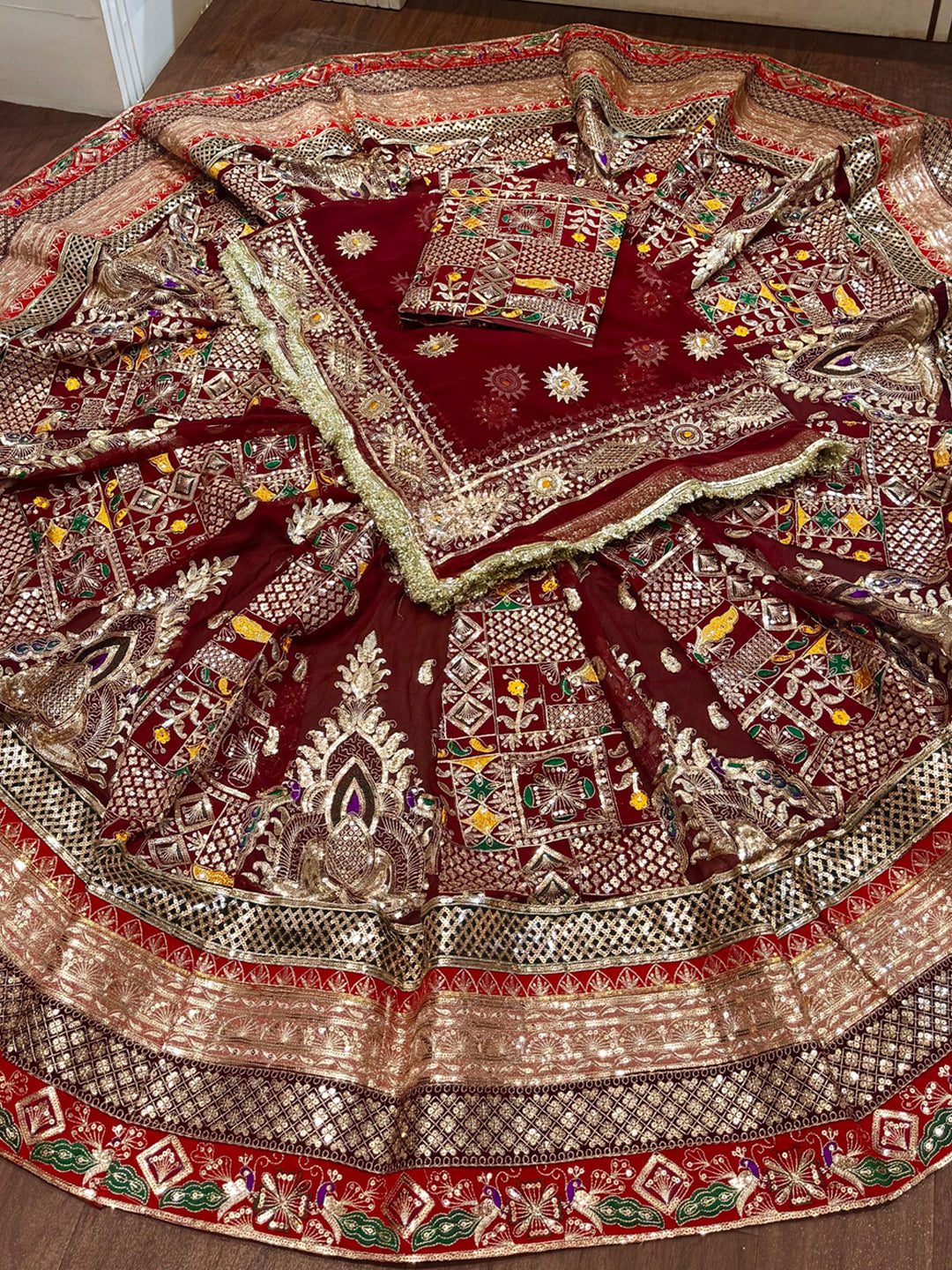 Georgette 7 Miter full Gher Premium quality Bridal Rajputi Poshak In Maroon color-91433