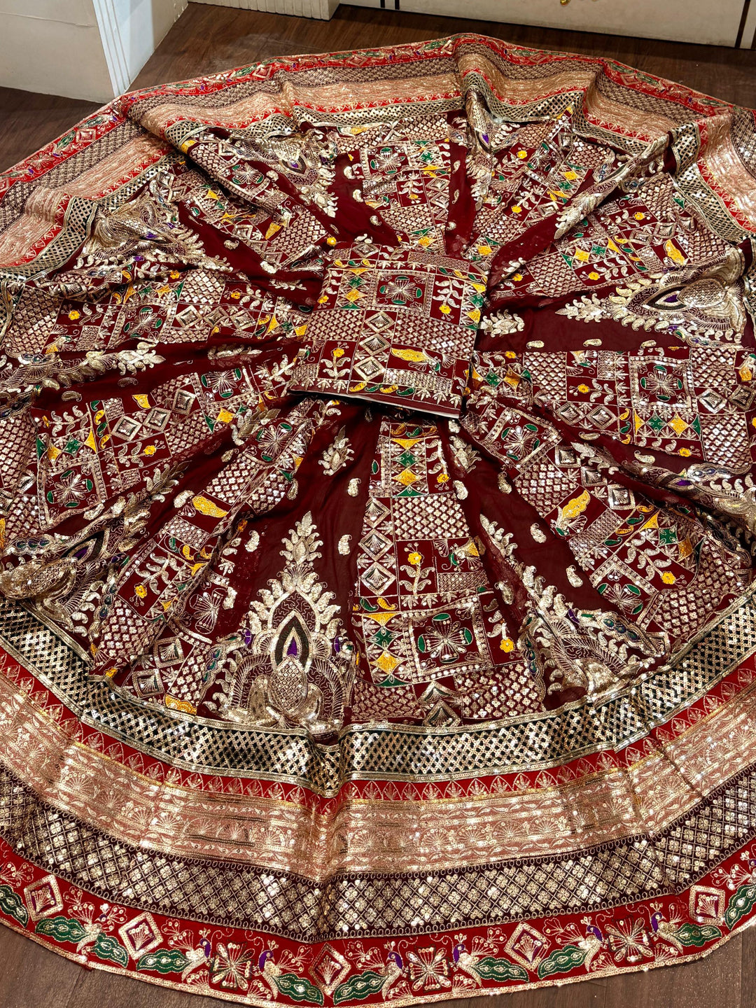 Georgette 7 Miter full Gher Premium quality Bridal Rajputi Poshak In Maroon color-91433