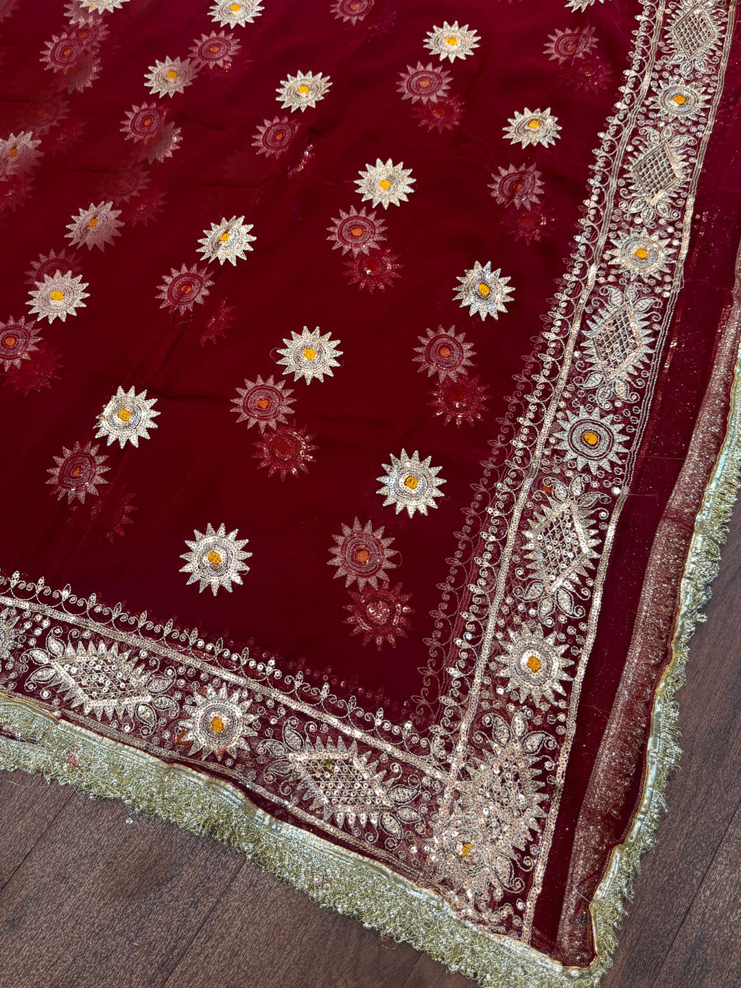 Georgette 7 Miter full Gher Premium quality Bridal Rajputi Poshak In Maroon color-91433
