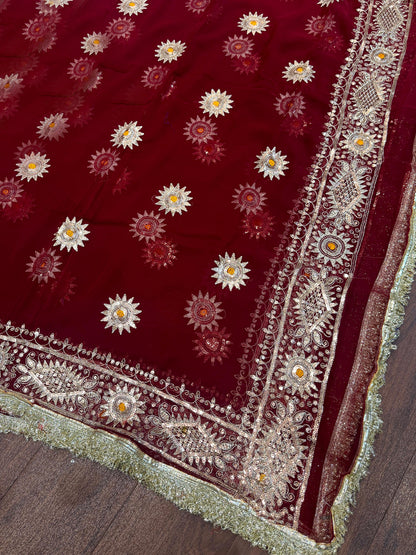 Georgette 7 Miter full Gher Premium quality Bridal Rajputi Poshak In Maroon color-91433