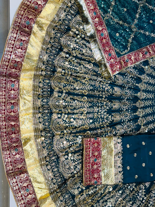 7 Miter full Gher Satin Premium quality Vintage Rajputi Poshak In Blue color-91456