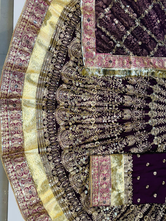 7 Miter full Gher Satin Premium quality Vintage Rajputi Poshak In Purple color-91459