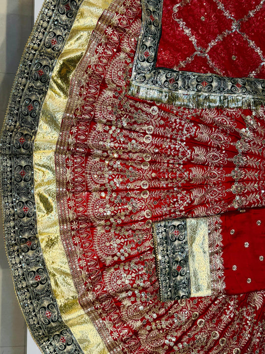 7 Miter full Gher Satin Premium quality Vintage Rajputi Poshak In red color-91460