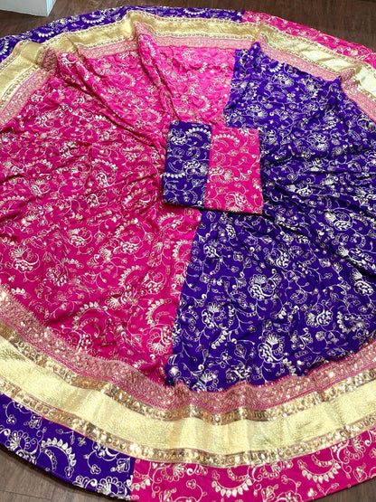 7 Miter full Gher Vintage Silk Crape Premium quality Rajputi Poshak In Pink Purple color-91478