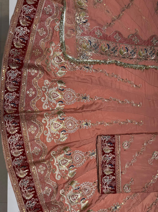 4 Miter full Gher Vintage Silk Crepe Premium quality Rajputi Poshak In peach color-91471
