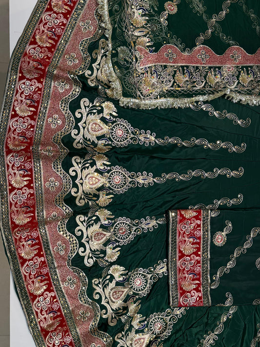 4 Miter full Gher Vintage Silk Crepe Premium quality Rajputi Poshak In Green color-91474