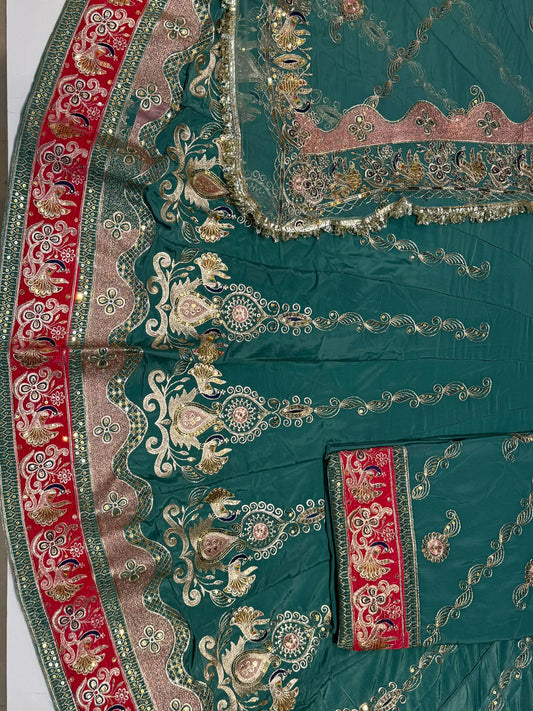 4 Miter full Gher Vintage Silk Crepe Premium quality Rajputi Poshak In Green color-91475